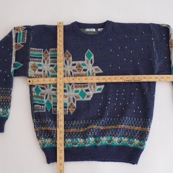 VTG '80s Koman Blue Green Biggie Cosby Eclectic Grandpa Crewneck Knit Sweater XL - Picture 3 of 10